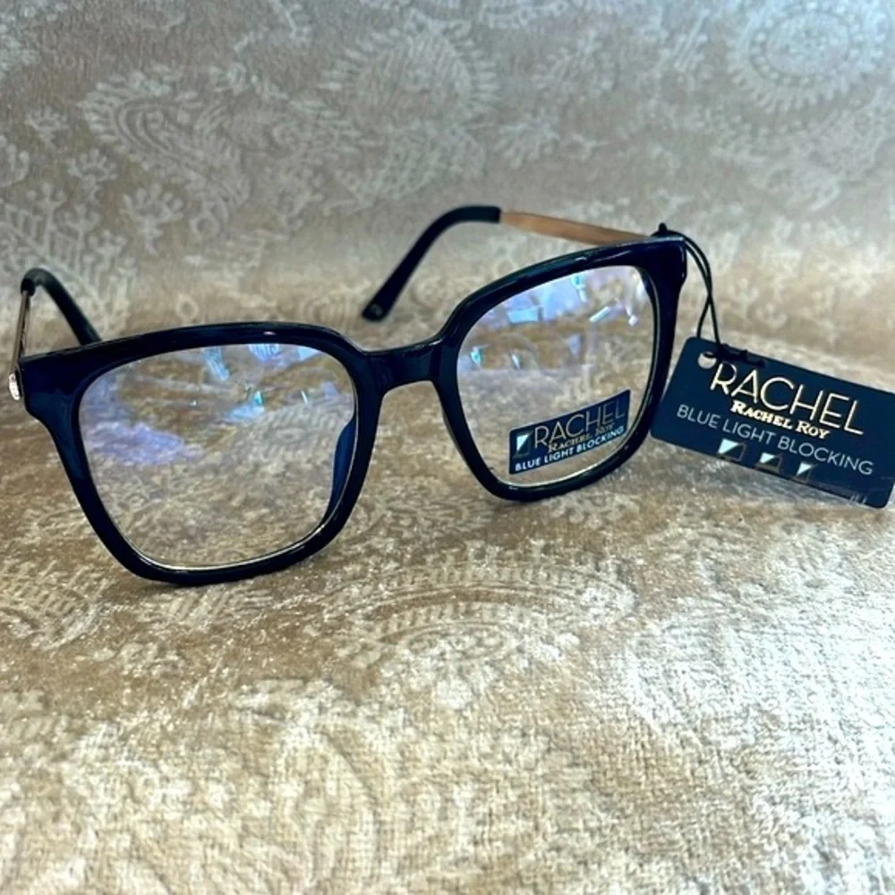 Brand New Rachel Roy Blue Light Blocking Round Glasses Black Frame Gold Tone Arm